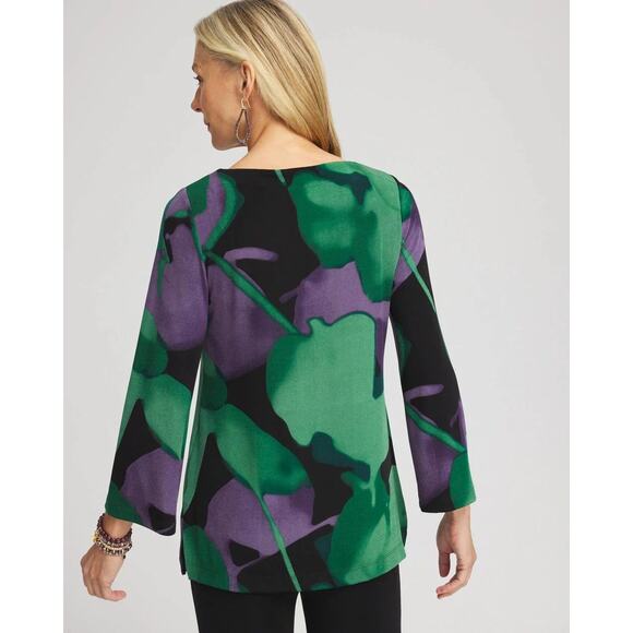 Chicos Travelers 3 Watercolor Bell Sleeve Tunic Fluid ink Enchanted Forrest new - Picture 3 of 11